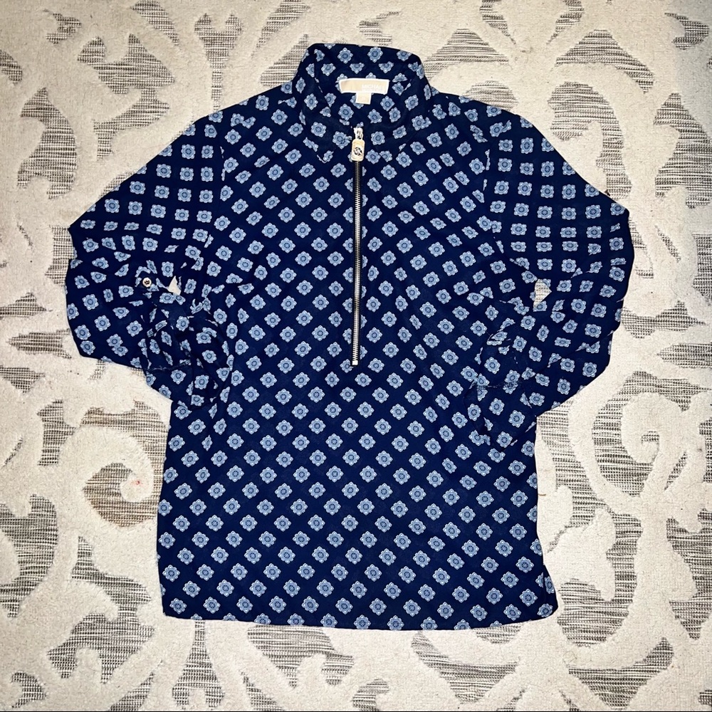 Michael Kors Navy Blue 1/2 Zip Patterned Top Blouse Women’s Size XL